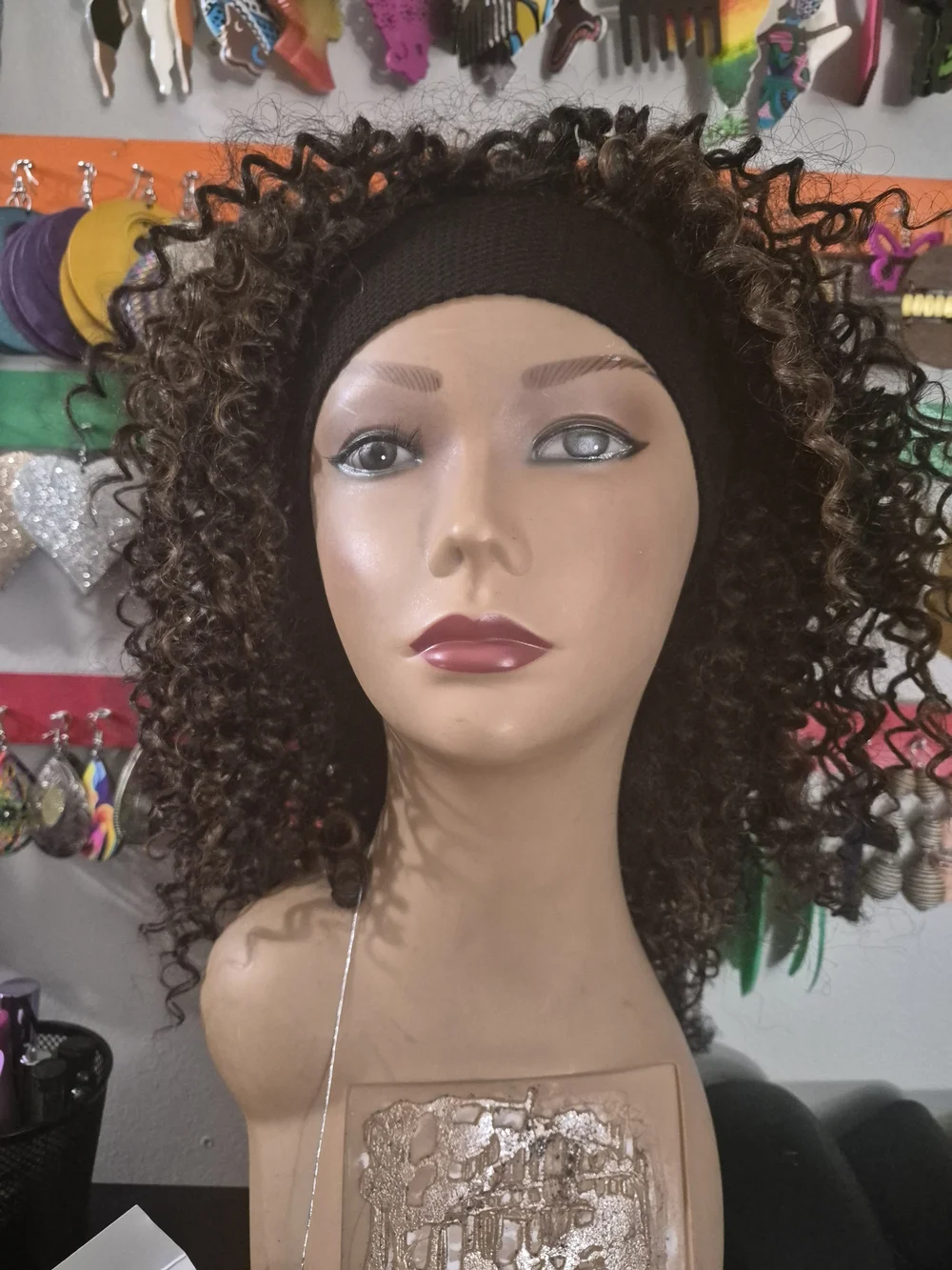 Headband Curly Synthetic Wig - Black with Brown Highlights